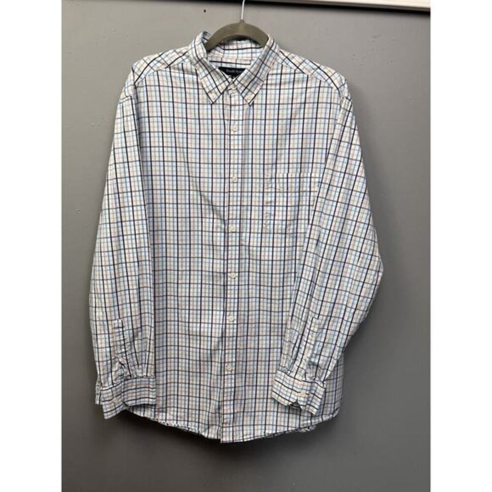 Double Pump Shirt Mens‎ XL Plaid Blue Tan Button Down Long Sleeve Pocket